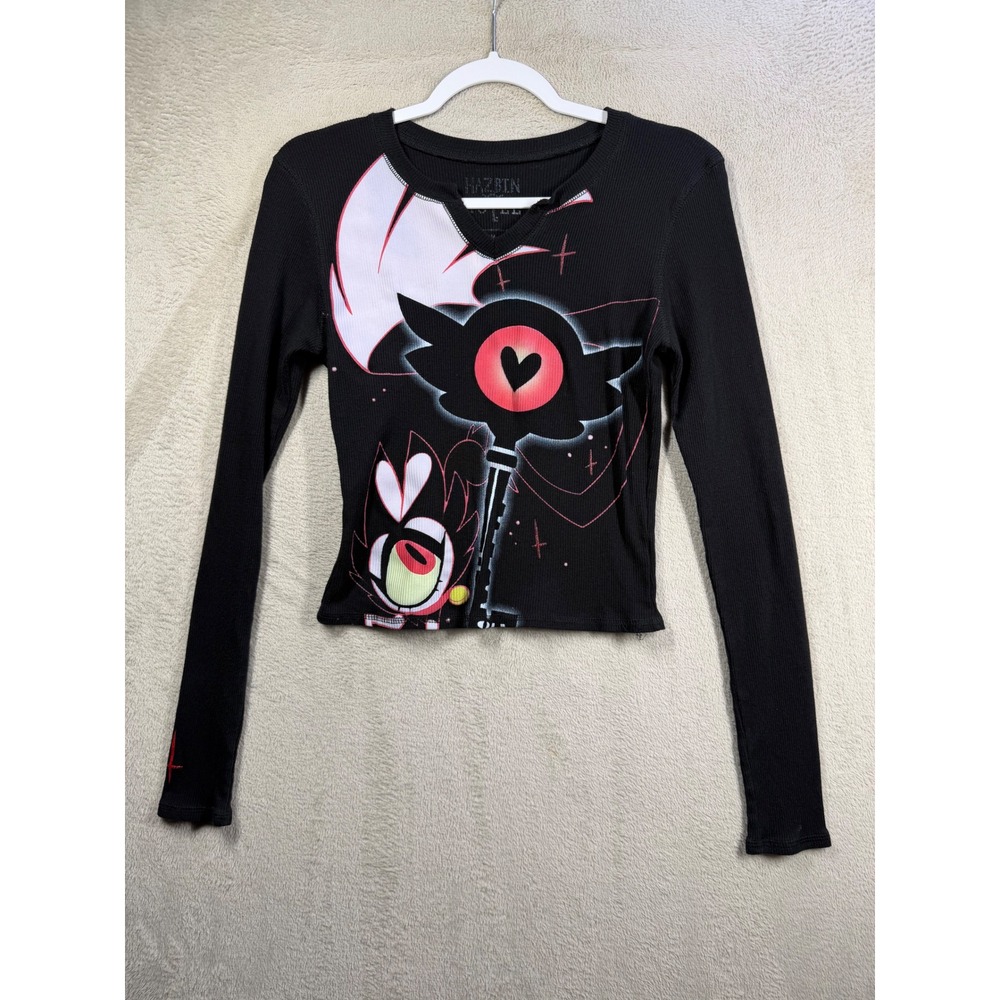 Hazbin Hotel KeeKee Crop Top Juniors M Black Long Sleeve Graphic Ribbed Tee